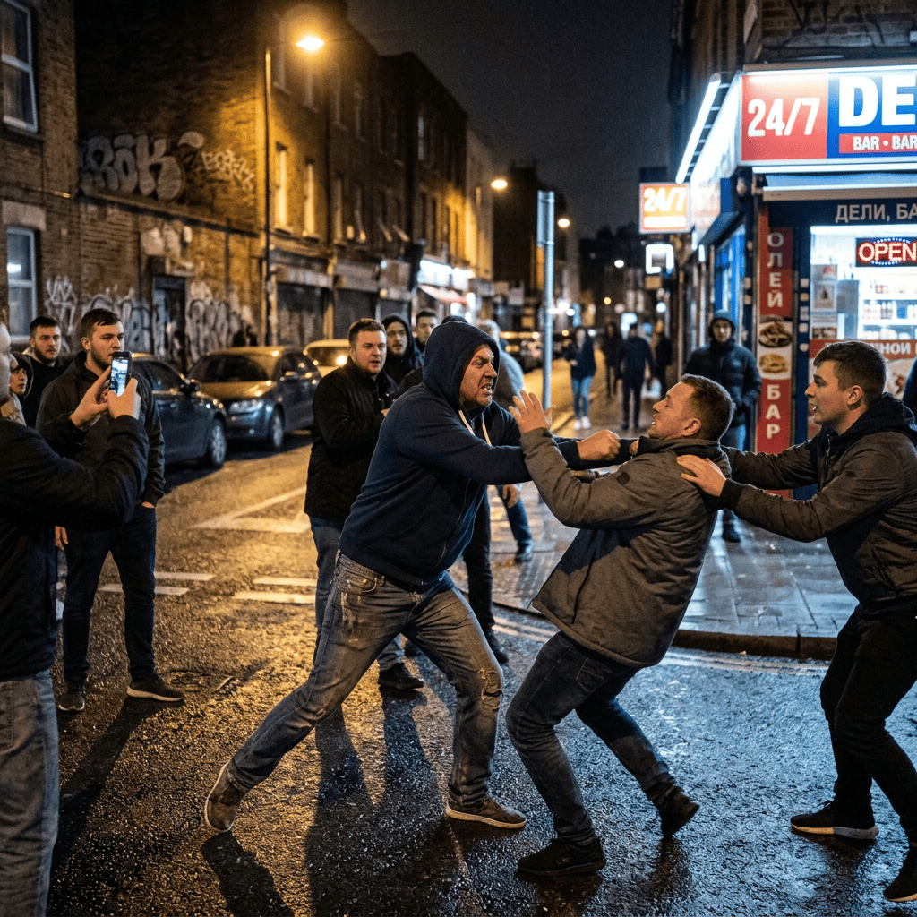Men restraining one another outside a 24/7 deli at night